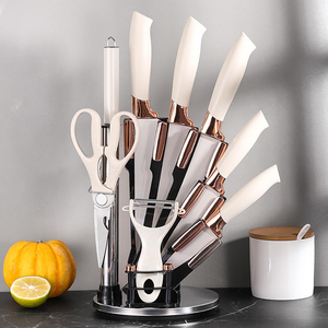 White Luxury Professional Chef <b>Block</b> Set 67-Layer Damascus Steel Serrated Edge Kitchen Cooking Knives <b>Acrylic</b> Stand Disposable - Product Image 1