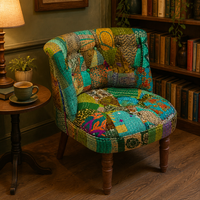Großhandel Café Restaurant Akzentstuhl Kantha Patchwork Sessel Boho Einzelsofa Stoffbezug Holzbeine ISO 9001 OEM