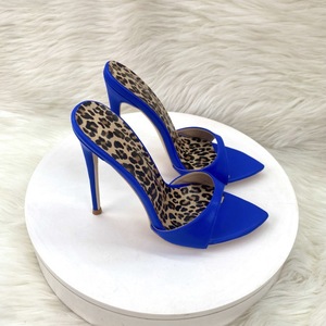 Ladies Summer Blue High <b>Heel</b> Sandals New Design Mule Shoes Pumps 12cm <b>Slippers</b> for Women Slip-On Closure <b>With</b> Leopard Sole - Product Image 4