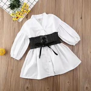 New Arrival White Shirt Dress+ Black Belt Cute Children Outfit Brand Kids Baby Dresses 2021 For Girls
