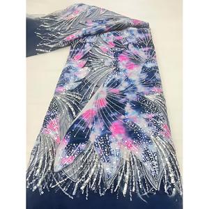 Tela de Encaje de <span class=keywords><strong>Terciopelo</strong></span> Africano 100% Poliéster Ecológico con Patrón de Rayas y Decoración de Cuentas para Vestidos y Trajes de Novia - Product Image 1