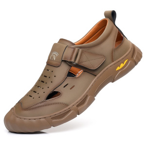 New Arrival Men's Hook and Loop Closed Toe Leather <b>Sandals</b> Hand Sewn Hollow Breathable Casual Summer <b>Sandals</b> - Product Image 5