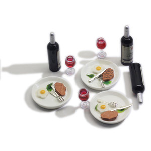 10 ensembles de miniatures pour maison de poupée : vin rouge, steak de bœuf, vaisselle, modèle alimentaire de cuisine, jouet décoratif, accessoires pour maison de poupée - Product Image 3
