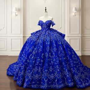 Lsmc143 Elegante Vestido de Quinceañera Azul Cobalto con Hombros Brillantes, Apliques de Encaje Barroco, Cola Capilla, Largo hasta el Suelo, para Fiesta - Product Image 5