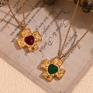 สร้อยคอชุบทอง18K ลายค้อนสแตนเลสจี้กางเขนสีเขียวอาเกต - Product Image 3