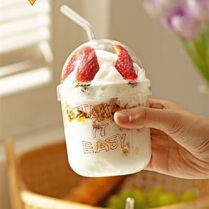 Vaso <span class=keywords><strong>de</strong></span> Vidrio <span class=keywords><strong>de</strong></span> Borosilicato Transparente Creativo <span class=keywords><strong>de</strong></span> 15 oz, Reutilizable, con Tapa y Pajitas para Té con Leche - Product Image 4