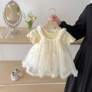 Conjunto de Dos Piezas de Verano para Niña, Falda de <span class=keywords><strong>Gasa</strong></span> con Tirantes, Traje Informal para Bebé, Falda de Princesa para Bebés y Niños Pequeños, Manga Corta, Color Sólido - Product Image 1
