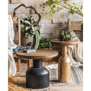 Handmade European Vintage <strong>Rustic</strong> Wooded Coffee <strong>Table</strong> Metal Base Round Retro Dining <strong>Side</strong> <strong>Table</strong> for Living Room - Product Image 1