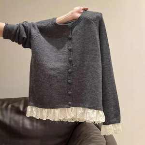 Dalang Sweater Factory Women's Faux Two Piece Lace Trim Knitted <b>Cardigan</b> Long Sleeve <b>Spring</b> Autumn Slim Top - Product Image 1