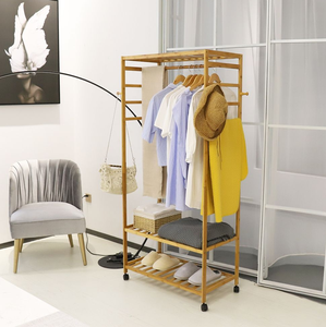 Nouvelle Armoire Portable en Bambou avec Porte-Vêtements, <span class=keywords><strong>Étagère</strong></span> de Rangement à <span class=keywords><strong>Roulettes</strong></span> et Range-Chaussures pour Chambre et Salon - Product Image 2