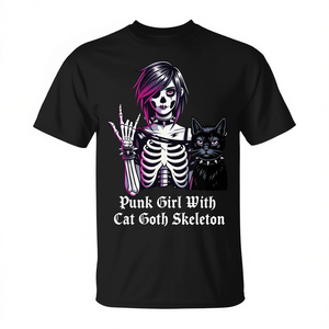 Camiseta Punk Girl With Cat Goth Skeleton de algodón negro unisex mediano - Product Image 2