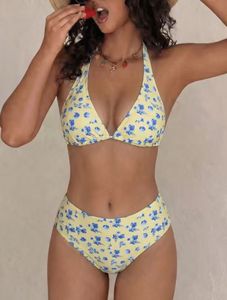 Top Selling European American <b>Yellow</b> Base Floral Print Two Piece <b>Bikini</b> Back Tie Triangle Cup High Waist Women Swimwear - Product Image 2