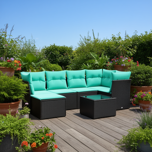 Set Divano da Esterno Moderno in Polyrattan Nero con Cuscini, 7 Posti, Design Contemporaneo - Product Image 2