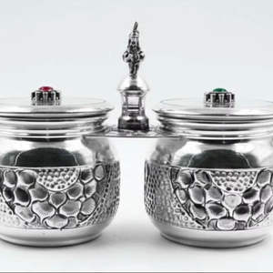 Elegant Silver Kumkum Chawal <b>Container</b> Pair with Decorative Handle Traditional Indian Pooja Silverware for Gifting - Product Image 1