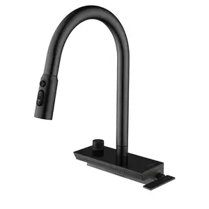 Black Brass Digital Display 360 Degree Swived Spout Kitchen Faucet With Pull Down Sprayer Kitchen Sink Waterfall Faucet Pull Out