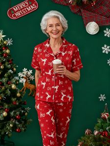 Женский элегантный термокомплект для сна на Рождество: пижама с коротким рукавом, узором оленей и снежинок - Product Image 3