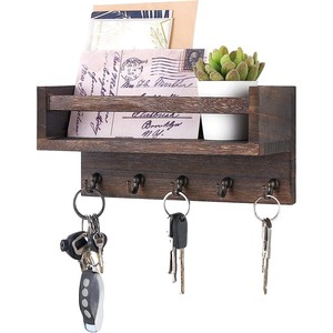 Wooden Mail And Key Organizer <b>Wall</b> <b>Mounted</b> With Floating <b>Shelf</b> Rustic Style Natural Wood Color - Product Image 1