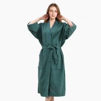 Peignoir de nuit pour femme en coton biologique double épaisseur, maille gaufrée, manches longues, longueur intégrale