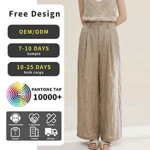 <span class=keywords><strong>Pantaloni</strong></span> da donna in <span class=keywords><strong>lino</strong></span> naturale a gamba larga plissettati, vita alta, con piega frontale, lunghezza alla caviglia, casual - Product Image 1