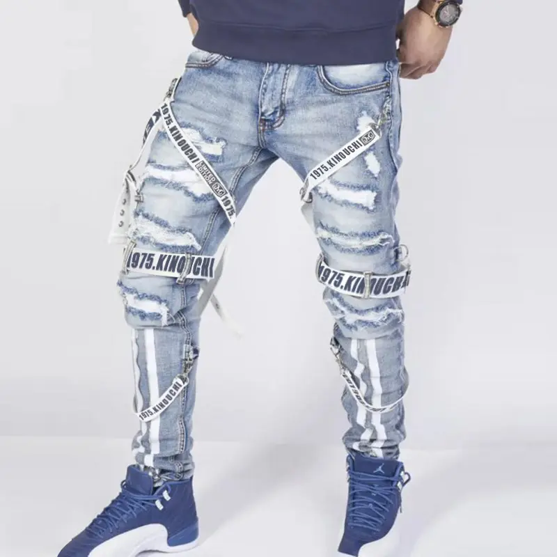 Stylish fashion men's designer skinny jeans with ribbons tattered zipper stacked jeans men