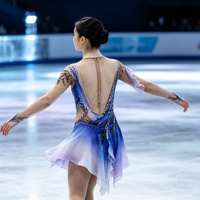 Robe de patinage artistique de luxe bleu-violet dégradé avec strass, dos en V profond, jupe de danse sur glace pour filles et femmes, tenue de compétition
