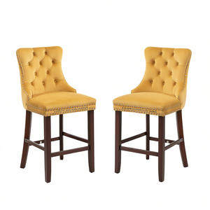 Tabourets de bar rembourrés en velours, capitonnés, avec pieds en bois et garniture cloutée, style contemporain, lot de 2 - Product Image 1