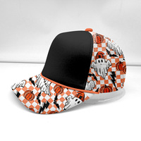 Casquette Trucker Snapback en Mousse à Motif Échiquier Orange et Blanc avec Motifs Halloween Fantôme et Citrouille, et Maille Imprimée