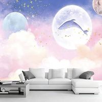 Papier peint mural Art Déco Nuage Rose Bleu Planète Lune, ciel étoilé doux, personnalisable, pour chambre de bébé fille, décoration intérieure pour enfants