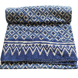 Colcha Kantha Tradicional de Algodón con Bloques Tejidos a Mano, Patrón Geométrico, Cosida a Mano, Azul, Decoración para el Hogar para Todas las Estaciones, Plegable - Product Image 1