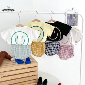 Conyson 2024 hot sale Girls Boys Cotton Smile Face Short Sleeve T-shirt + Plaid Shorts Two-pieces Suit Summer Baby Clothes Set
