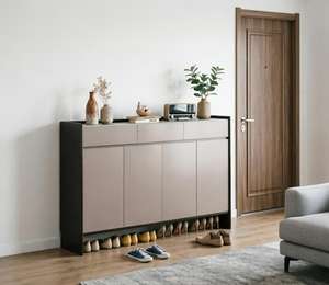 Meuble à chaussures moderne et mince, écologique et durable, avec rangement inférieur ouvert, organisateur <span class=keywords><strong>d</strong></span>'entrée à 3 portes, finition beige et noir, gain de place, pour salle de sport - Product Image 5