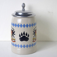 Chope à bière en céramique vintage d'Allemagne ancienne, souvenir militaire, 500 ml, 1 L, avec couvercle