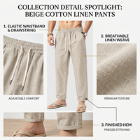 Pantalon long décontracté en coton et lin pour homme avec logo personnalisé, coupe ample, taille élastique et cordon de serrage, léger, idéal pour la plage et l'été