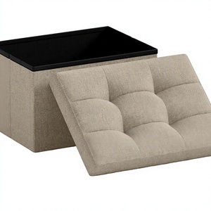 Beige Upholstered <b>Storage</b> Ottoman <b>with</b> Tufted Removable Lid Black Serving Tray Multipurpose Footstool for Living Room - Product Image 2