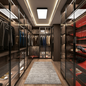 BALOM Custom <strong>Midcentury</strong> Modern Walk-in Closet Solid Wood Walnut MDF Glass Door <strong>Wardrobe</strong> Ready to Assemble with LED Light - Product Image 1
