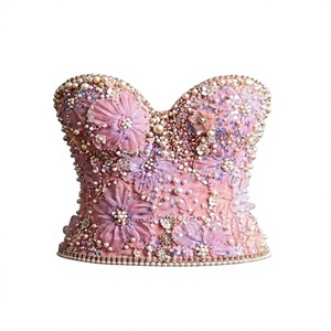 COTTON COUTURE Women's <b>Strapless</b> Beaded Satin 100% Polyester Elegant Corset <b>Top</b> Pink Floral Sequin Bustier - Product Image 1
