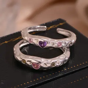 Perhiasan 2023 cincin perak Sterling 925 desain terbuka zirkon warna-warni cincin hati perhiasan pertunangan
