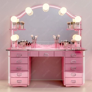 Coiffeuse moderne en bois massif de chêne européen avec miroir éclairé et armoire de rangement, finition rose pour la chambre à coucher, ensembles de maquillage - Product Image 2