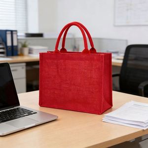 Reusable Natural Jute <b>Red</b> Handle Blank Linen Shopping Tote for Custom Logo Advertising Gift Bag - Product Image 2