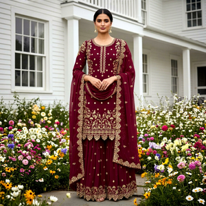 Ensemble Anarkali en Faux Georgette Brodé Marron avec Dupatta, Tenue Traditionnelle Indienne et Pakistanaise pour Femme, Coupe Droite, Longueur Genou - Product Image 1