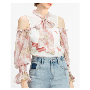 Épaules décontracté rose noeud volants à volants trompette manches en mousseline de soie chemisiers pour femmes tops - Product Image 1