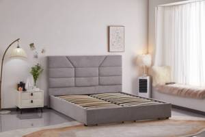 Cama de Madera Maciza de Diseño Chino con Cabecera Tapizada en Tela Cómoda y Cajón de Almacenamiento Extraíble en Venta - Product Image 5