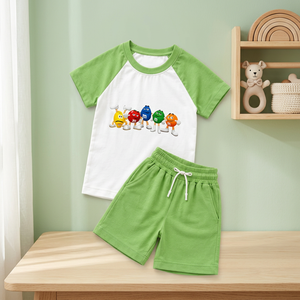 Ensemble T-shirt et short pour enfants en coton 100% à manches raglan, col rond, deux pièces, vêtements décontractés d'été - Product Image 2