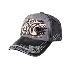 Gorra de béisbol de 6 paneles, 100% algodón twill, personalizada, deportiva, con parche de sol, logotipo de tela, efecto desgastado, lavado Shark - Product Image 1