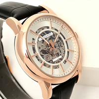 Montre mécanique automatique pour homme, squelette, or rose, cadran blanc creux, bracelet en cuir, étanche 30M, montre de luxe pour affaires