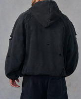 Échantillon disponible Sweat à capuche pour homme en molleton épais et lourd, coupe oversize, manches raglan, style Hip Hop, effet délavé vintage et déchiré