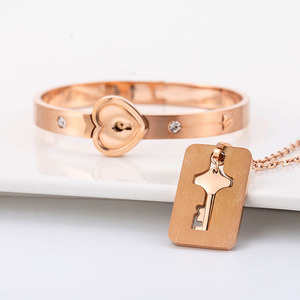 Titanium Steel Lock Heart <b>Bracelet</b> Necklace <b>Set</b> Rose Gold Women's Gift Jewelry - Product Image 2