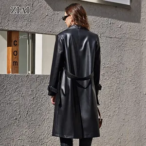 Casaco de couro pu feminino fino casaco longo com cinto casacos de trench de couro feminino