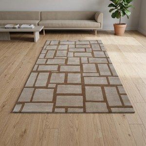 Tapis géométrique moderne rectangulaire beige et marron à motif quadrillé, à poils moyens, tufté, avec envers antidérapant en caoutchouc pour chambre à coucher et décoration intérieure - Product Image 3