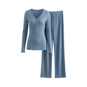 Ensemble de pyjama en velours de coton biologique pour femmes, col en V, manches longues, bordure en dentelle, vêtements de détente doux, taille élastique - Product Image 1